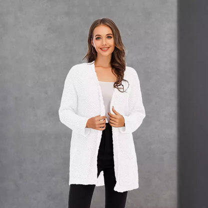 Damen Strickjacke Offener Schnitt Große Taschen Kuschelig Beige