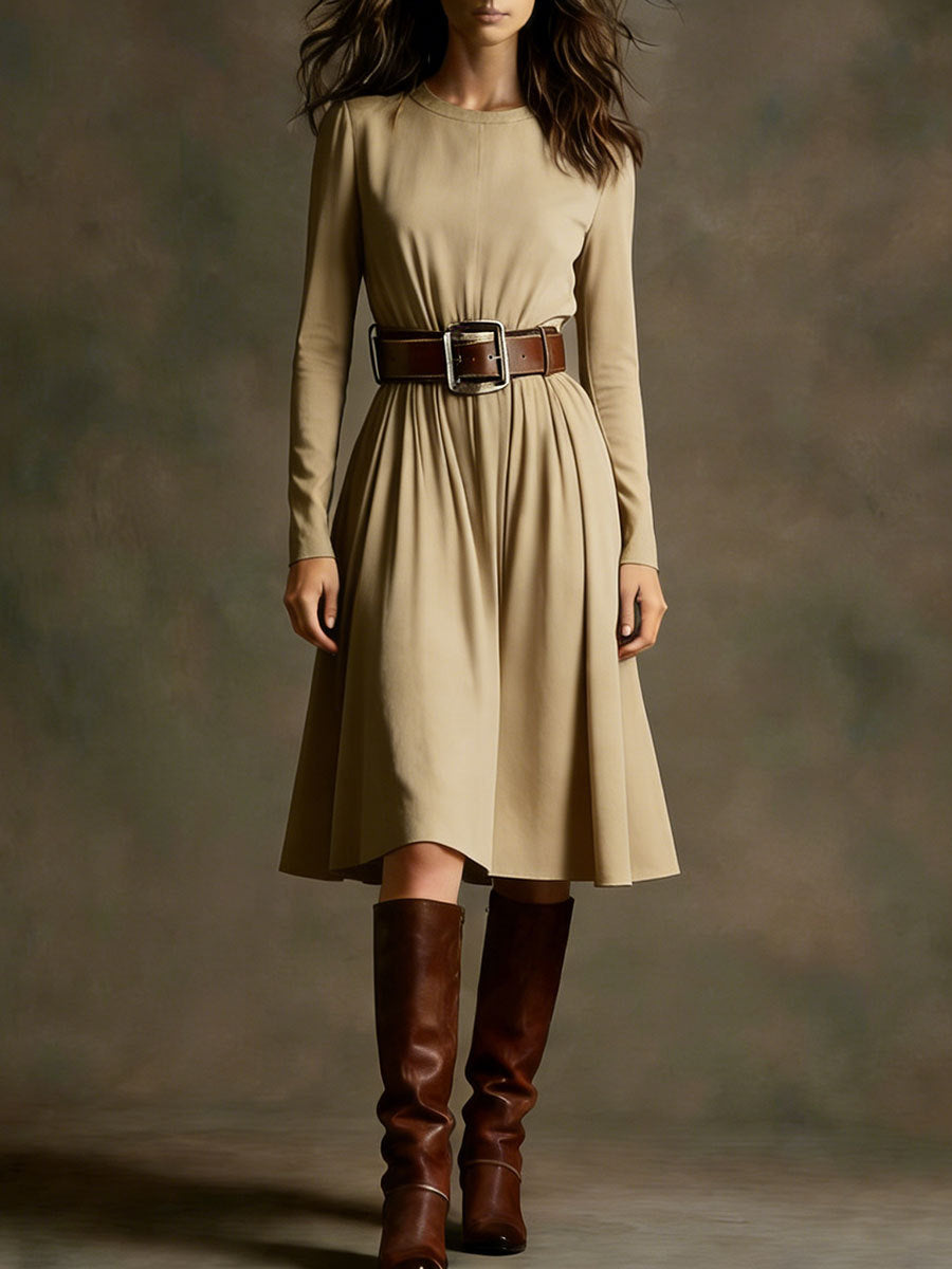 Damen Elegantes Kleid Langarm Taillengürtel Norvielle