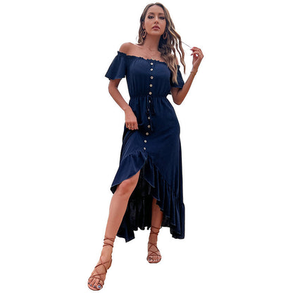 Damen Maxikleid Schulterfrei Knöpfe Vorne Norvielle