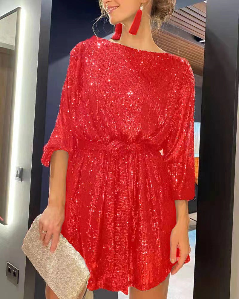 Damen Paillettenkleid Weites Elegantes Taillierten Kleid Norvielle