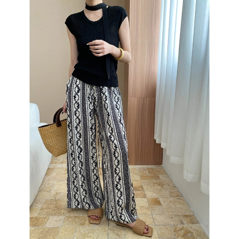 Damen Palazzo Hose Elastischer Bund Geometrisches Muster Beige