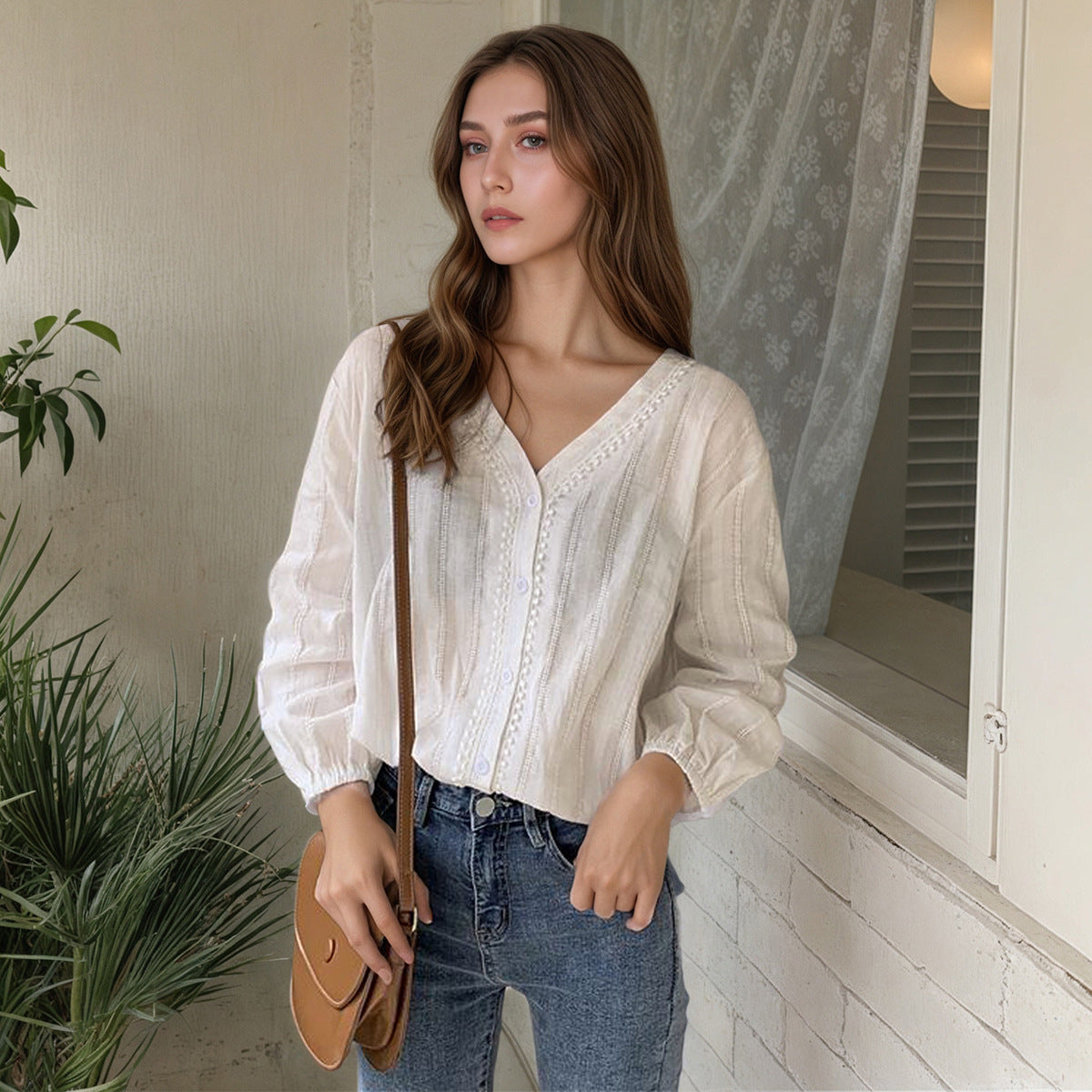 Damen Bluse aus Leinen mit Knöpfen Elegant Beige - Norvielle