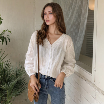Damen Bluse aus Leinen mit Knöpfen Elegant Beige - Norvielle