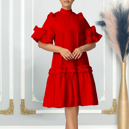 Damen Midikleid Voluminöse Rüschenärmel Stehkragen Norvielle
