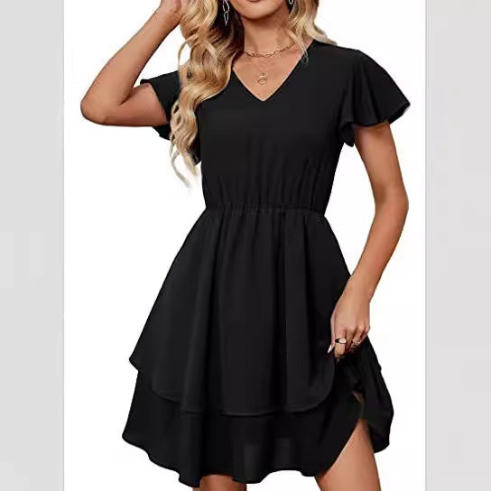 Damen Freizeitkleid Fließender Rock Rüschenärmel Norvielle - Norvielle