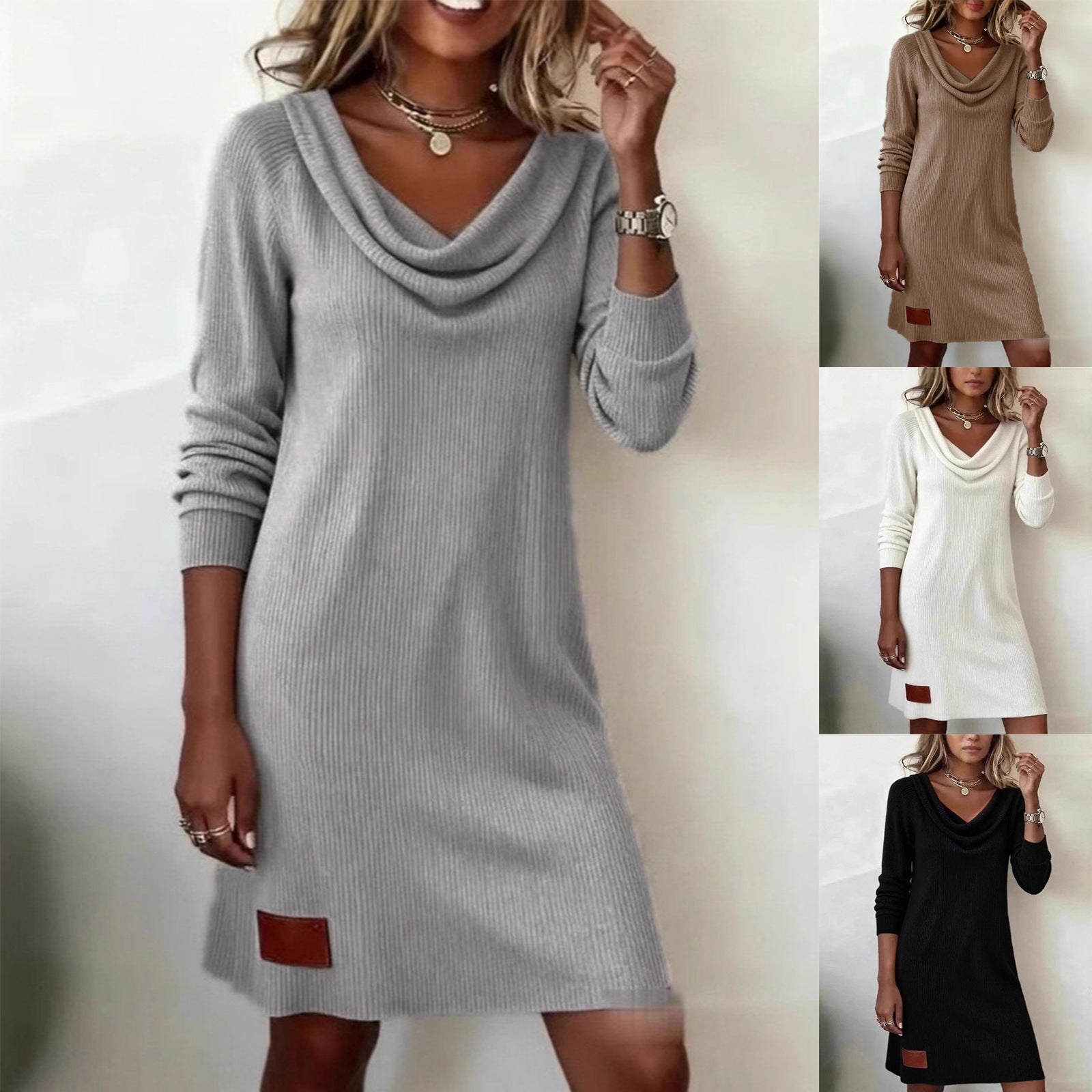 Damen Strickkleid Lässig Wasserfall-Ausschnitt Norvielle - Norvielle