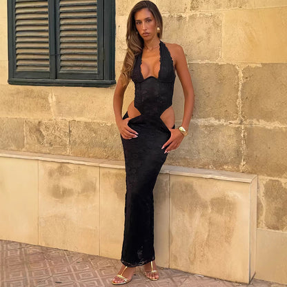 Damen Spitzenkleid Lang mit Ausschnitten und Raffinen Details