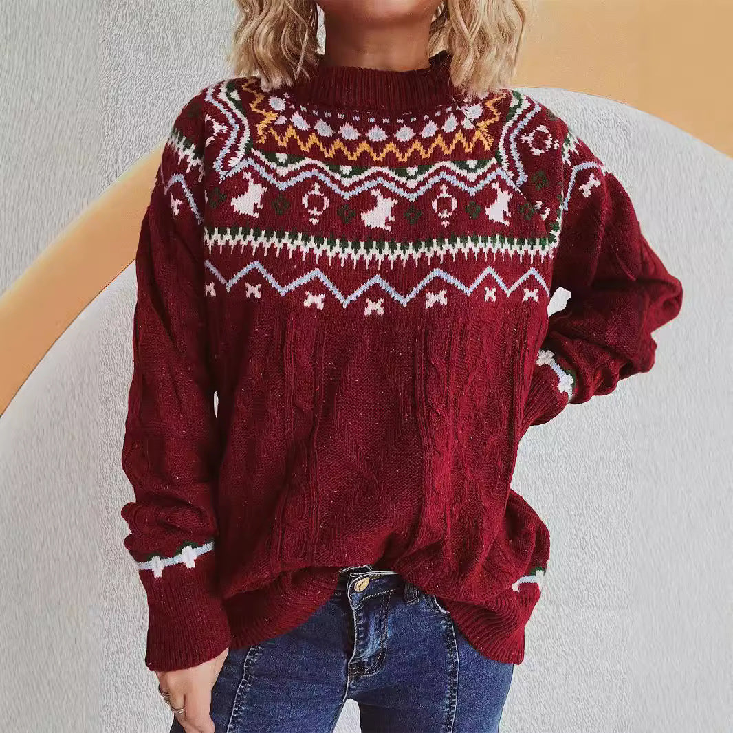 Damen Strickpullover Hochgeschlossener Kragen Grafisches Design