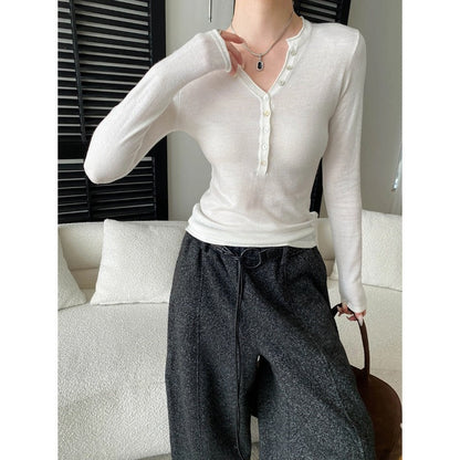 Damen Langarmshirt V-Ausschnitt Dekorative Knöpfe Norvielle
