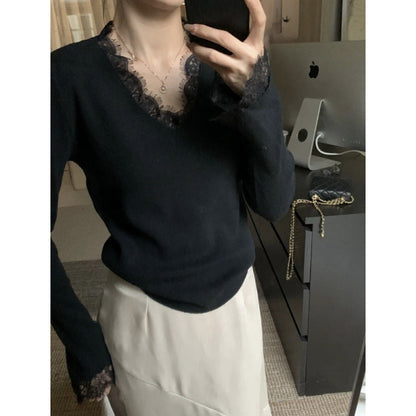 Damen Strickpullover V-Ausschnitt Spitzenbesatz Norvielle