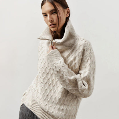 Damen Gemusterter Pullover Hochkragen Reißverschluss Norvielle - Norvielle