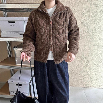 Damen Grobstrickjacke Stehkragen Zopfmuster dunkelblau