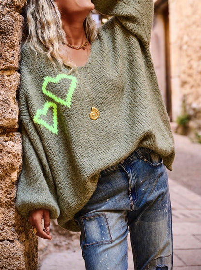 Damen Strickpullover Oversize mit Herzapplikationen Norvielle
