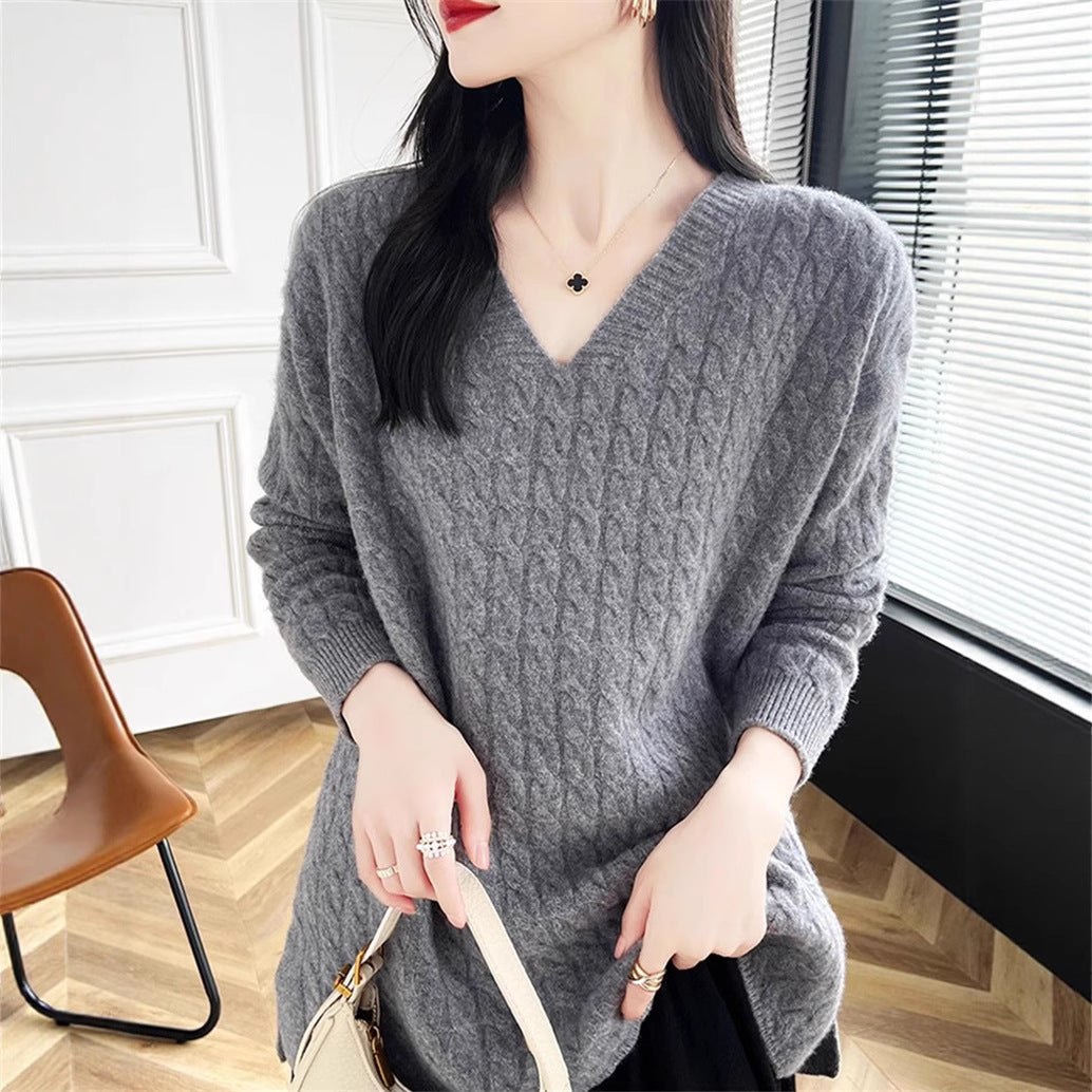 Damen Grobstrickpullover V-Ausschnitt Strukturierter Look Norvielle - Norvielle