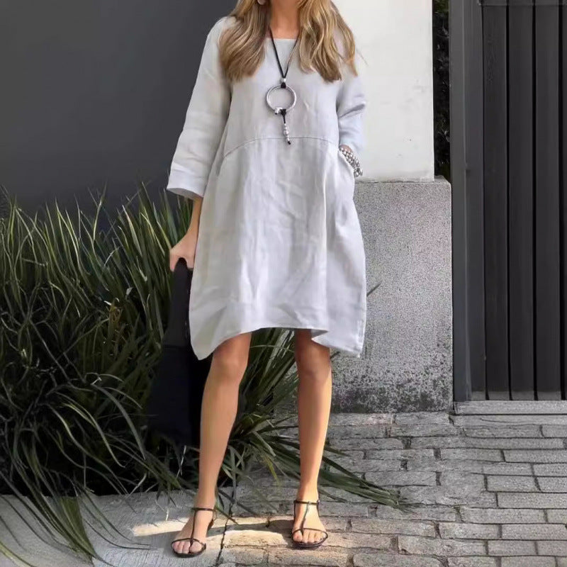 Norvielle Damen Einfaches Baumwollkleid Mit Taschen