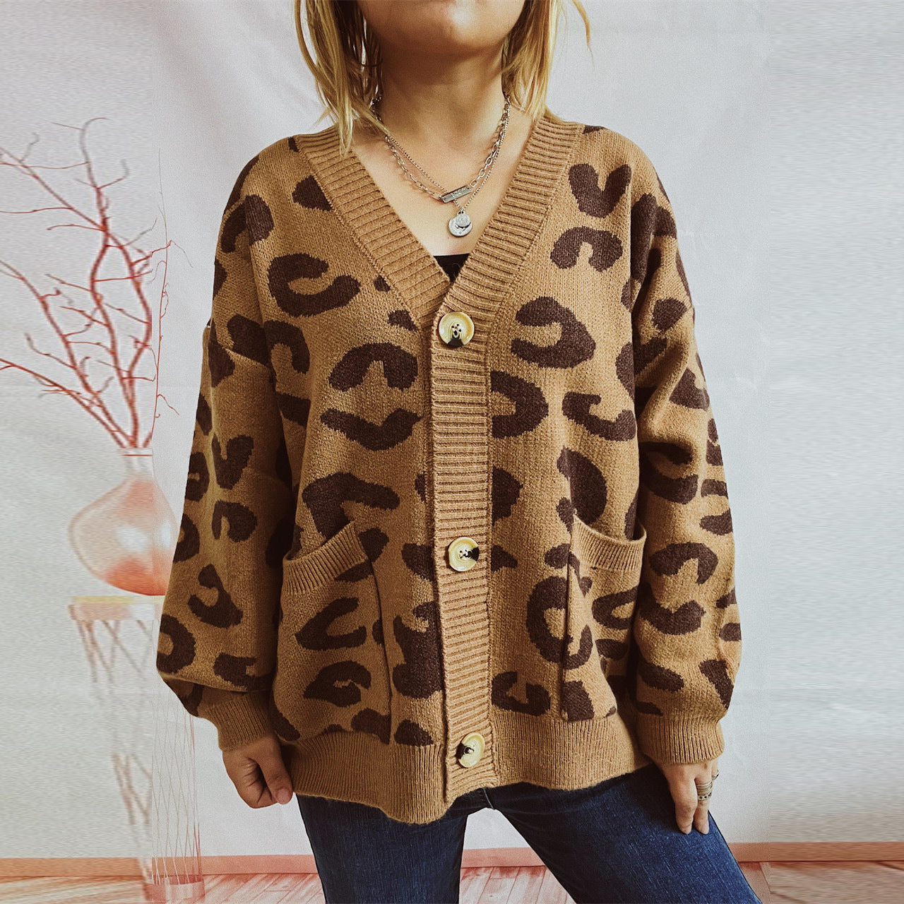 Damen Cardigan Lockere Ärmel Leo-Muster Norvielle - Norvielle