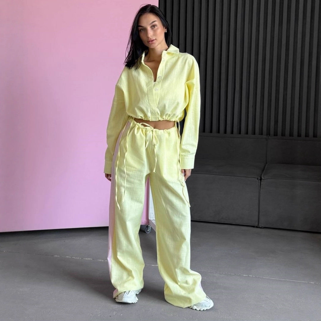 Damen Zweiteiler-Set Cropped Hemd Weite Hose Norvielle