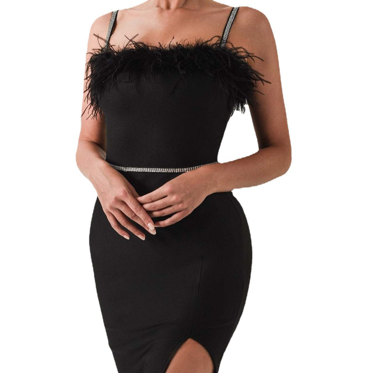 Damen Abendkleid Spitzenbesatz Schlitz