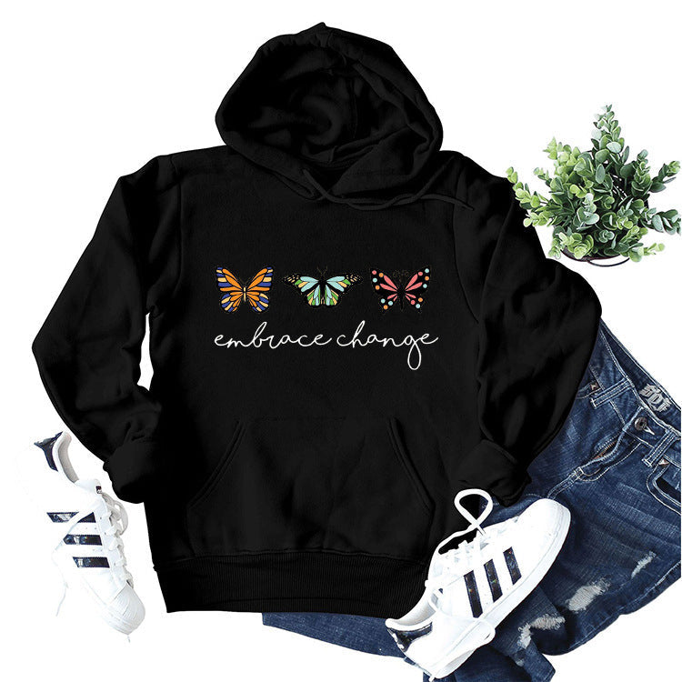 Damen Kapuzenpullover Schmetterlingsmotiv Baumwolle Weiss
