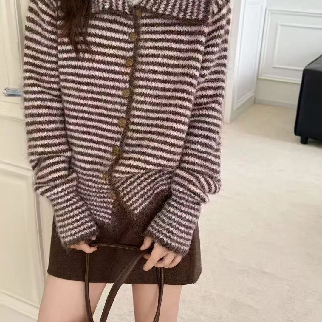 Damen Strickjacke Großkragen Knöpfe Norvielle