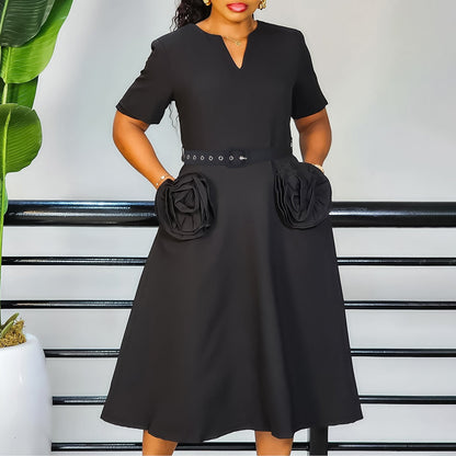 Damen Midi-Kleid mit Blumenapplikationen und Taillengürtel Norvielle