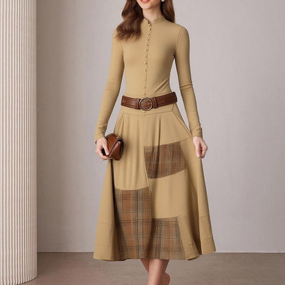 Damen Midi-Kleid mit Knöpfen Kontrastdetails Norvielle
