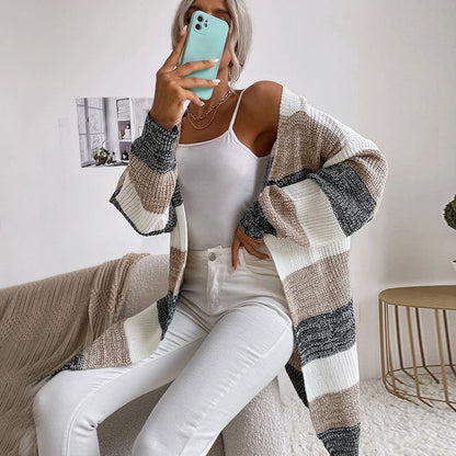 Damen Strickcardigan Lässiges Streifenmuster Offener Schnitt Beige