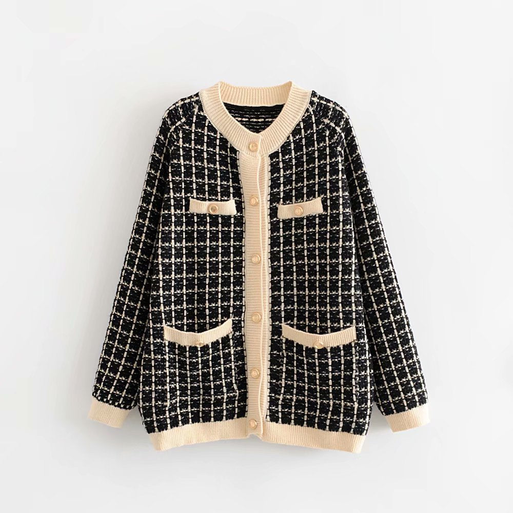 Damen Strickjacke Karomuster Dekorative Knöpfe Norvielle