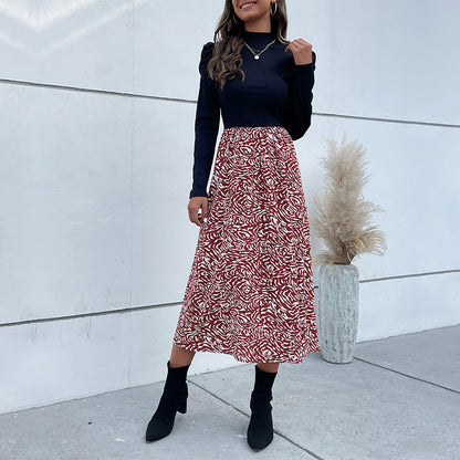Damen Midikleid Hochgeschlossener Kragen Rüschendesign