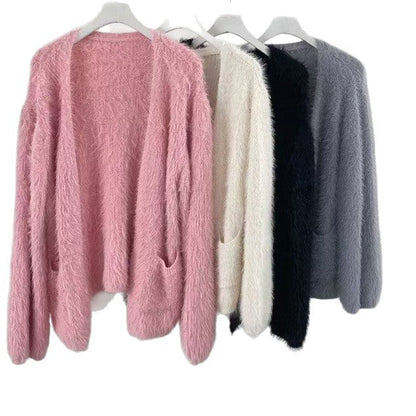 Damen Strickjacke Flauschig Offene Fronten Taschen Beige