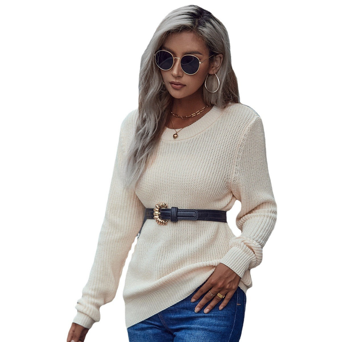 Damen Pullover Strick Gürtel Tailliert Norvielle