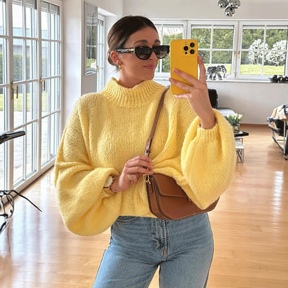 Damen Oversized Strickpullover Hochkragen Ballonärmel