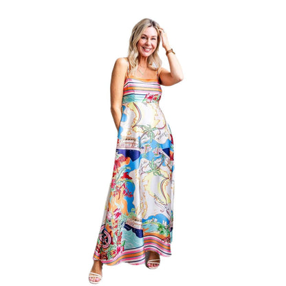 Damen Maxikleid Bunter Druck Spaghettiträger