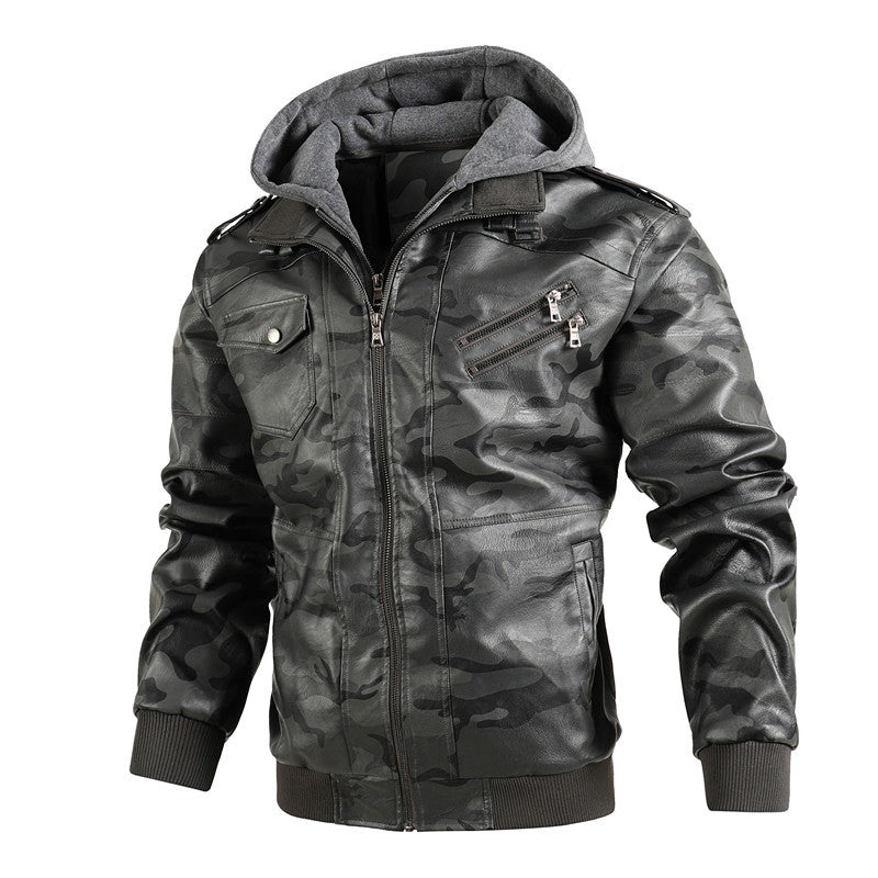 Herren Camouflage Jacke Synthetikleder Kapuze Taschen
