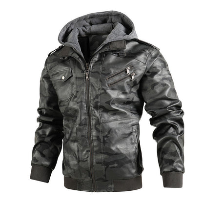 Herren Camouflage Jacke Synthetikleder Kapuze Taschen