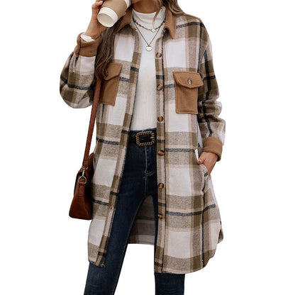 Damen Karierte Langarmjacke Baumwolle Moderne Taschen weiß