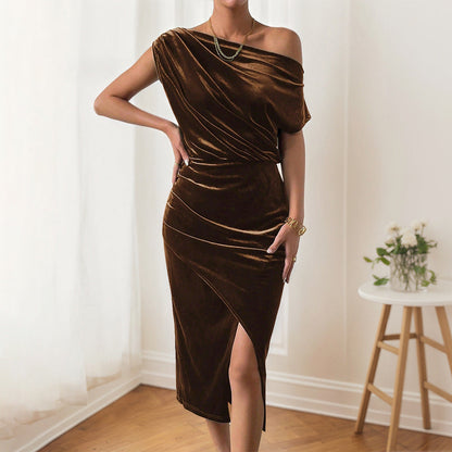 Damen Maxikleid Schulterfrei Samt