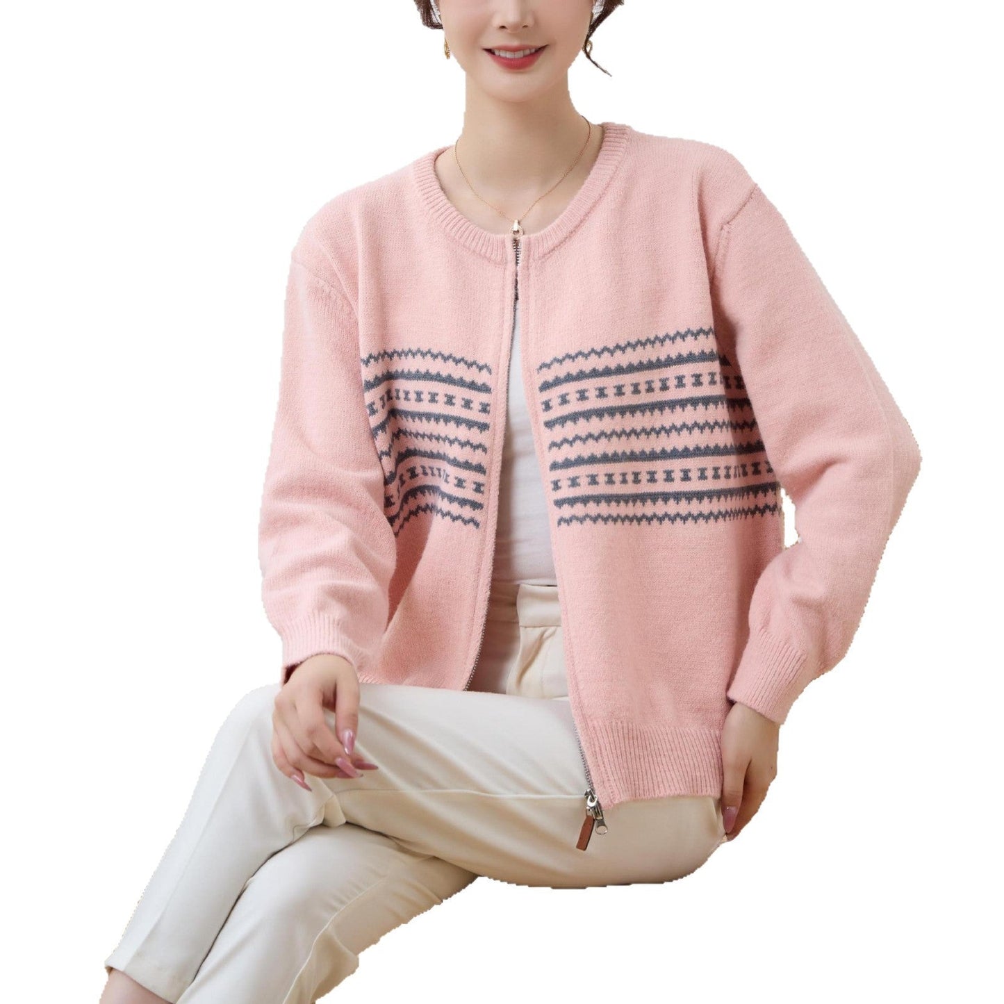 Damen Strickjacke Nordic-Muster Reißverschluss Norvielle