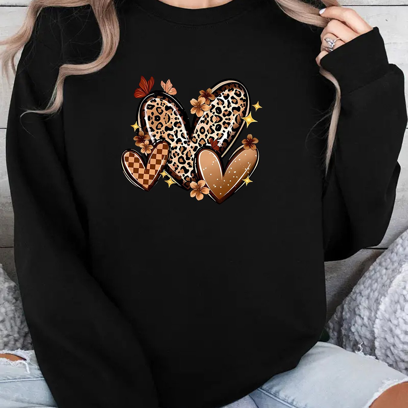 Damen Sweatshirt Herzmotive Baumwolle Weiß