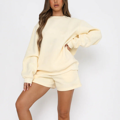 Damen Sweatset Kurzarmoberteil und Shorts Baumwolle Beige - Norvielle