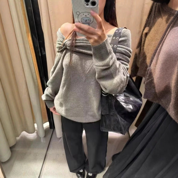 Damen Pullover Asymmetrischer Schalkragen Dekorativer Verschluss - Norvielle