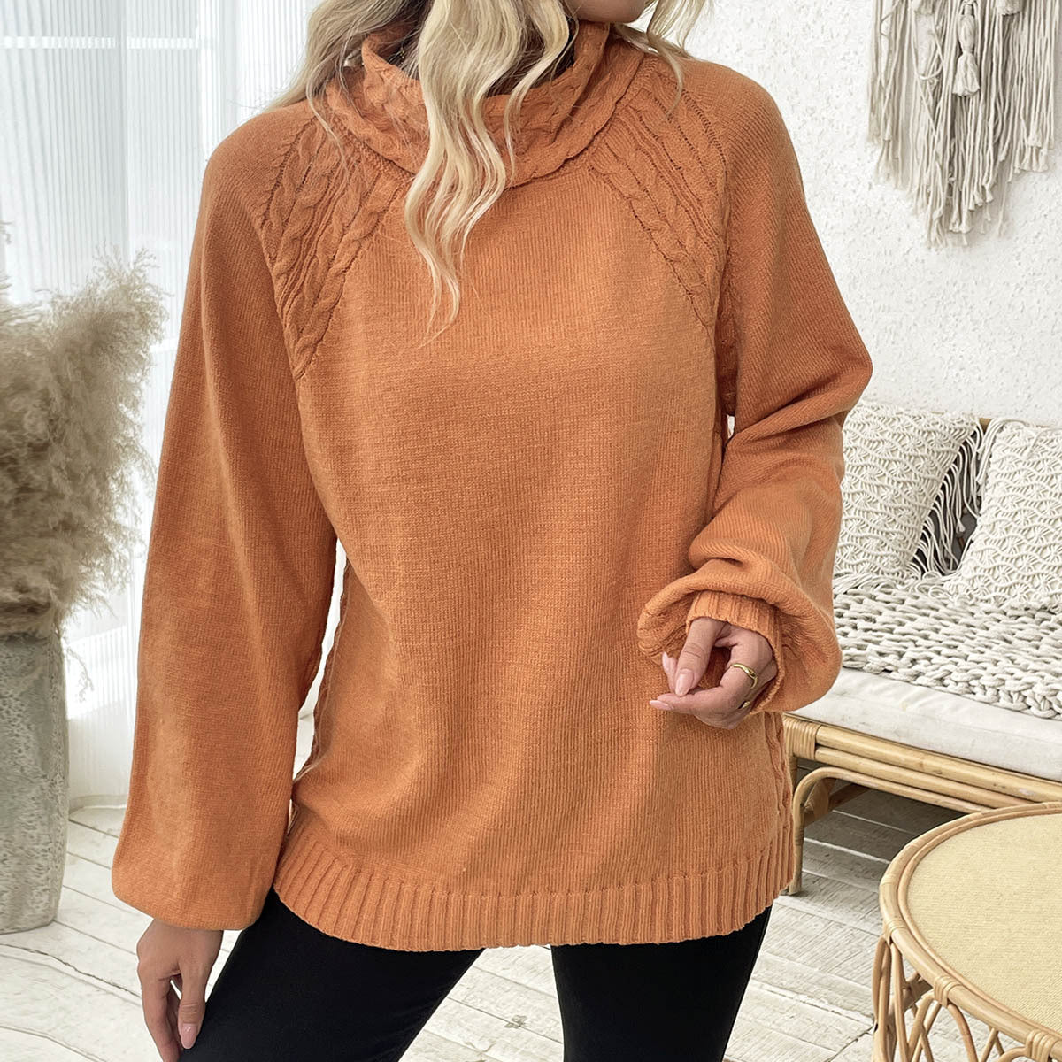 Damen Pullover Rollkragen Strukturiertes Zopfdesign