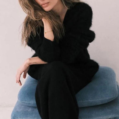 Damen Strickjacke Mohair-Mix V-Ausschnitt Knöpfe Anthrazit