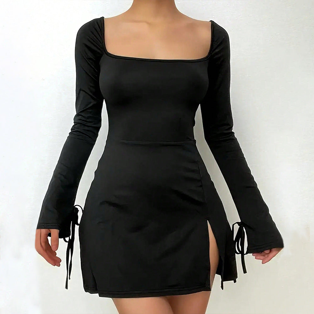 Damen Minikleid V-Ausschnitt Langer Arm Elegantes Schnüren