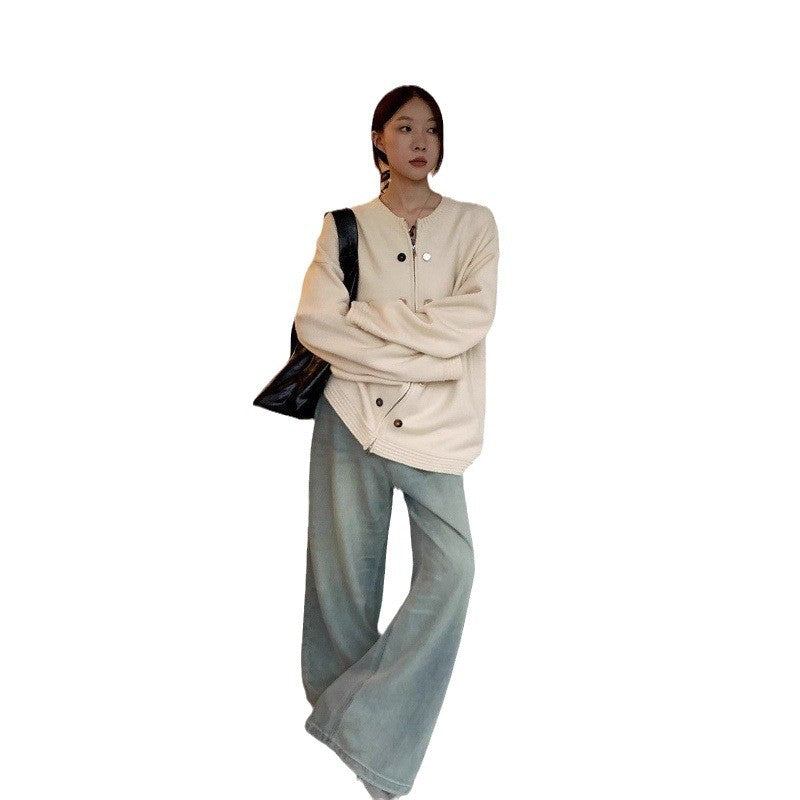 Damen Oversized Strickjacke Knöpfe Lässig Beige