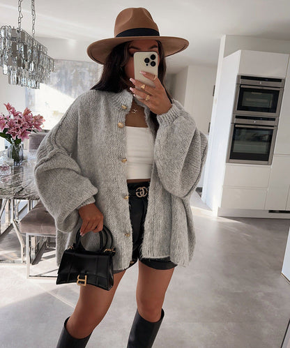 Damen Oversized Strickpullover Voluminöse Ärmel Beige