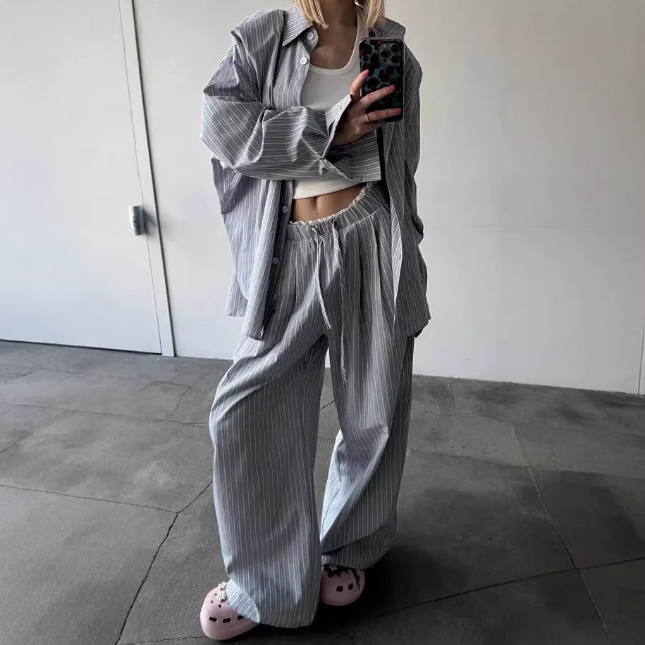Damen Zweiteiler-Set Weite Hosen Gestreiftes Hemd - Norvielle