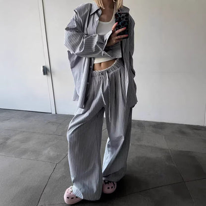 Damen Zweiteiler-Set Weite Hosen Gestreiftes Hemd - Norvielle