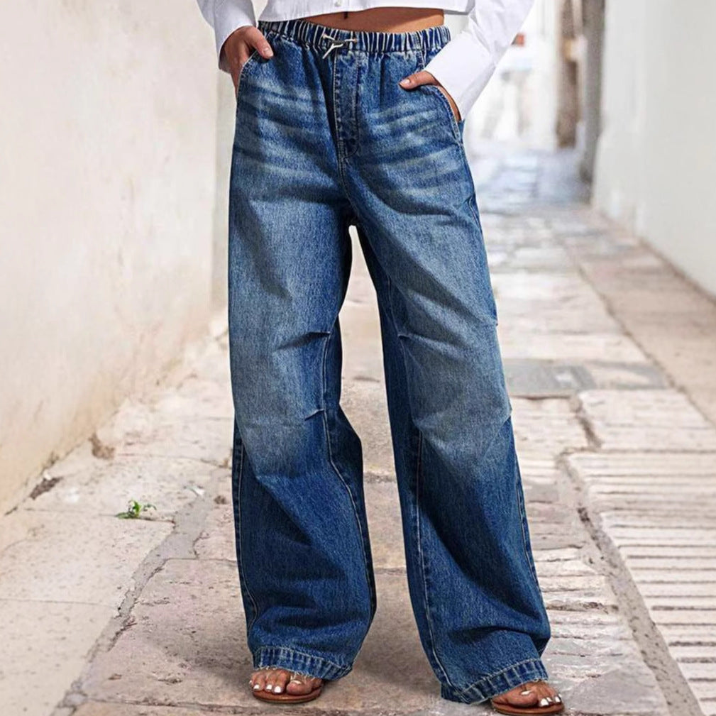 Damen Weite Jeanshose Lässiger Urban-Stil Bequem Schwarz - Norvielle