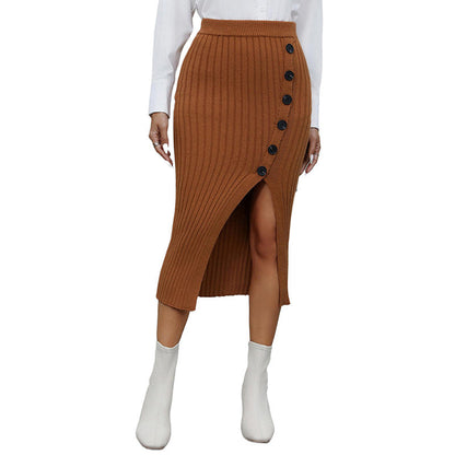 Damen Strickrock Mit Seitlichem Schlitz Dekorative Knöpfe Norvielle